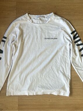 Calvin Klein Jeans White Long Sleeve Logo Tee with Sleeve Print